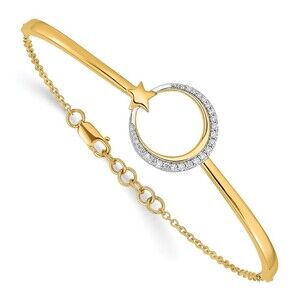 14k Yellow Gold Polished Moon & Star Diamond 7in w/.5in ext Bracelet